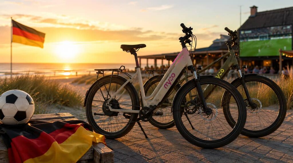 myabo E-Bikes auf Sylt bei Sonnenuntergang nahe einem Public-Viewing-Ort zum WM-Overnight-Special